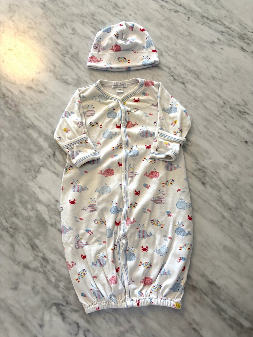 Kissy Kissy Baby Whale Print Convertible Gown & Hat
